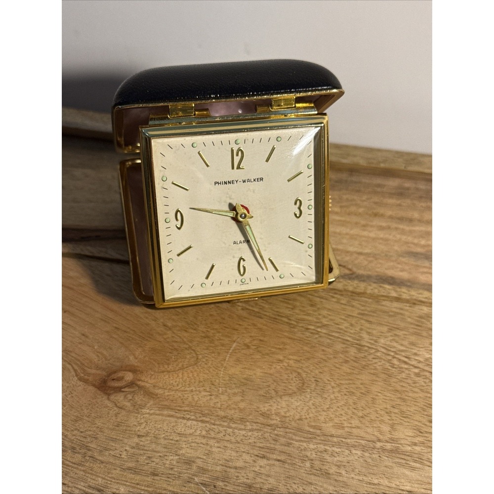 Vintage Phinney Walker Wind-Up Travel Alarm Clock Faux Leather Case